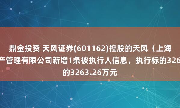 鼎金投资 天风证券(601162)控股的天风（上海）证券资产管理有限公司新增1条被执行人信息，执行标的3263.26万元