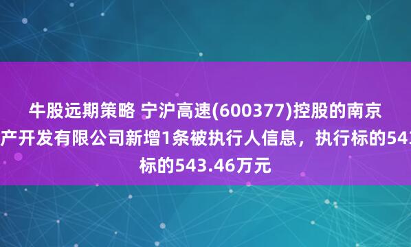 牛股远期策略 宁沪高速(600377)控股的南京瀚威房地产开发有限公司新增1条被执行人信息，执行标的543.46万元